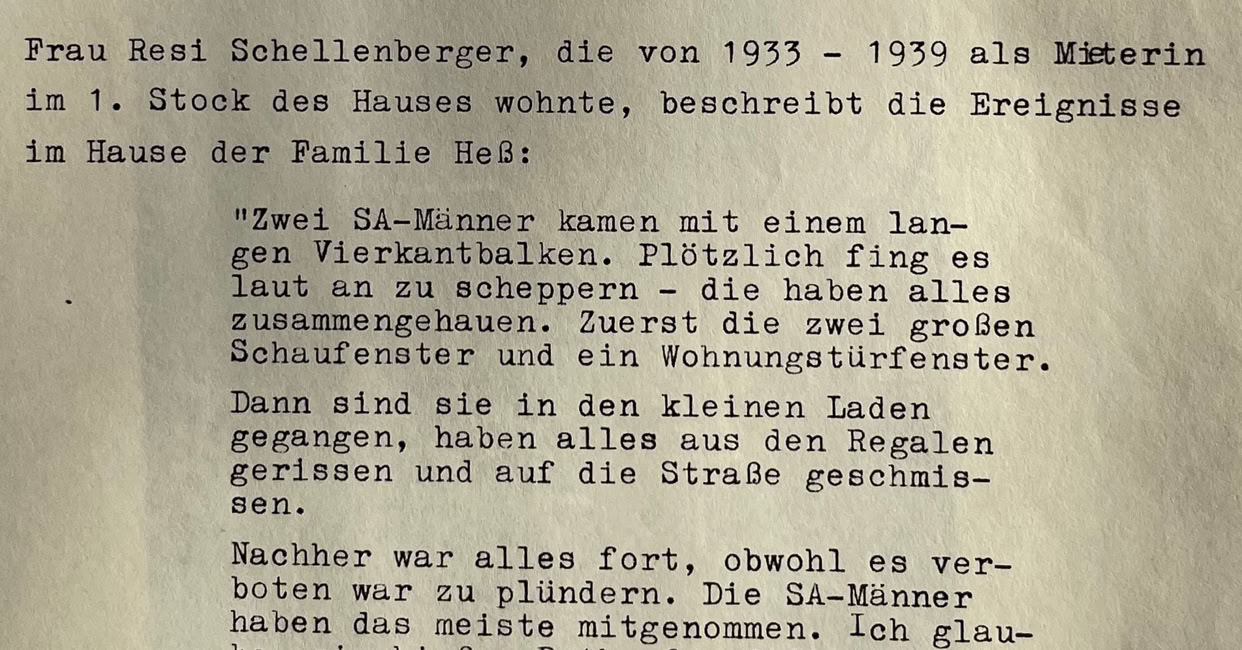 Protokoll der Aussage einer Augenzeugin, die von Plünderung des Hauses der Familie Heß erzählt. 